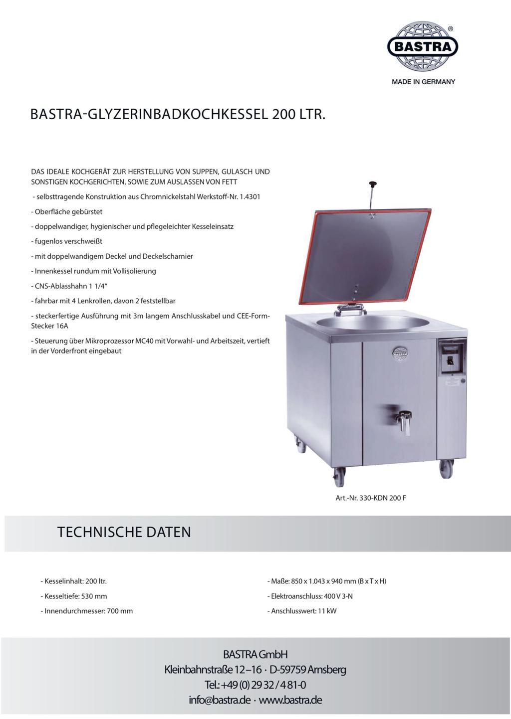 Bastra Glyzerinbad-Kochkessel KDN 200 (PDF öffnen)